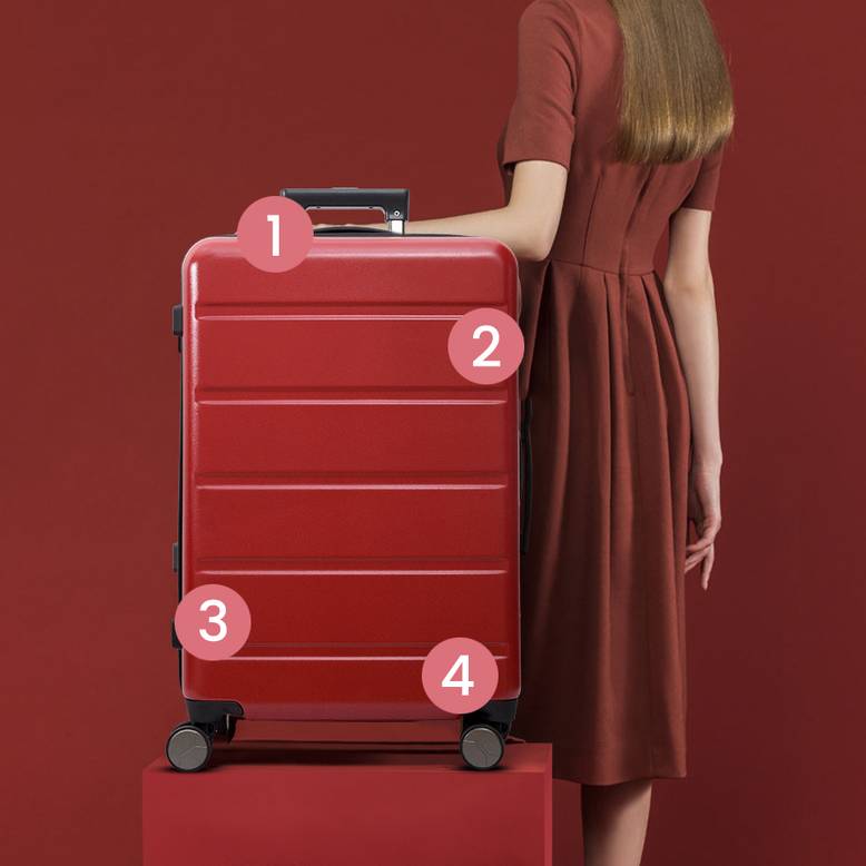 A girl standing in a red dress with a red color suitcase in this picture numbering shows the feature of a trolley bag-like wheels, material, and handle.